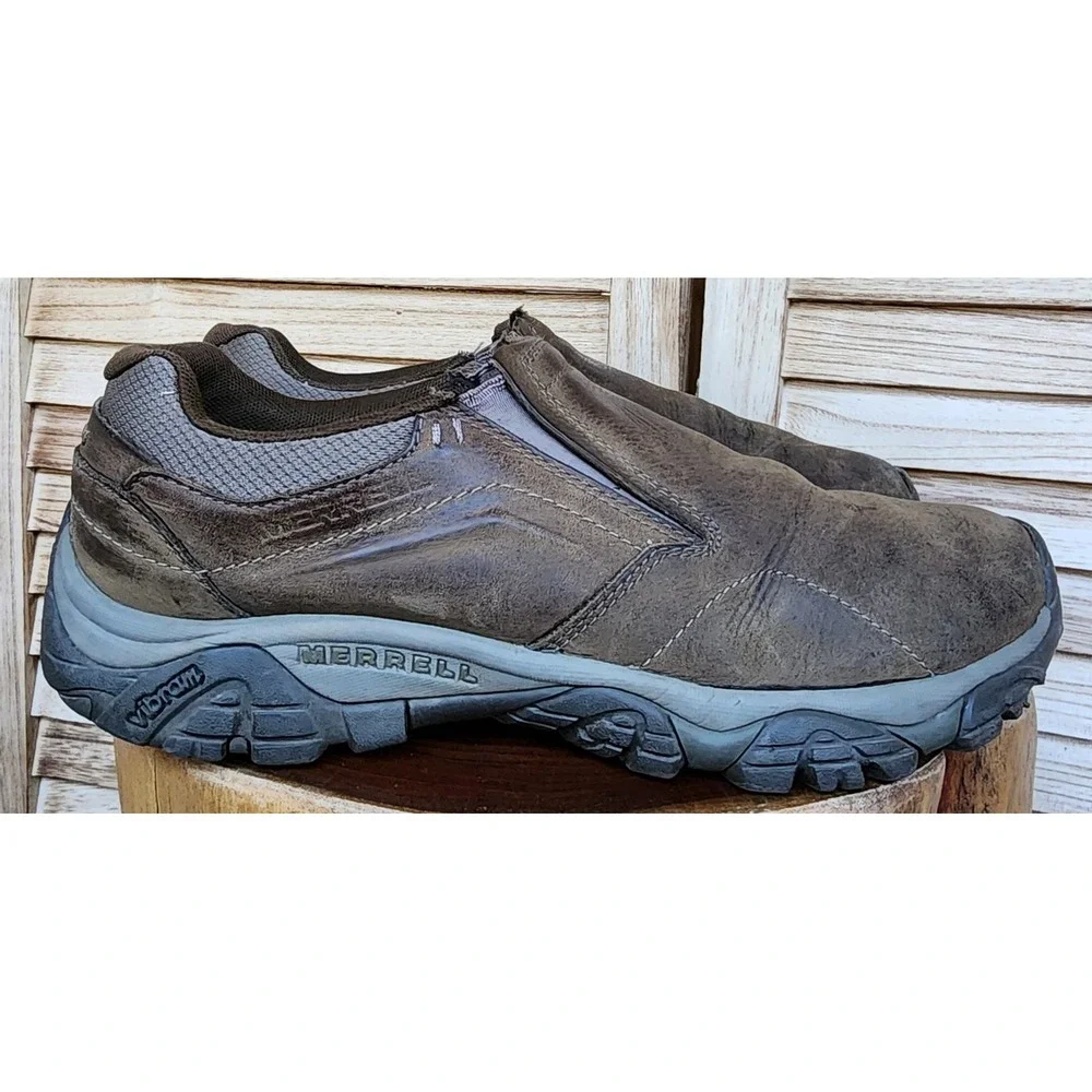 Merrell Moab Sz 10 Adventure Moc Brown Leather Slip On Hiking Shoes Casual